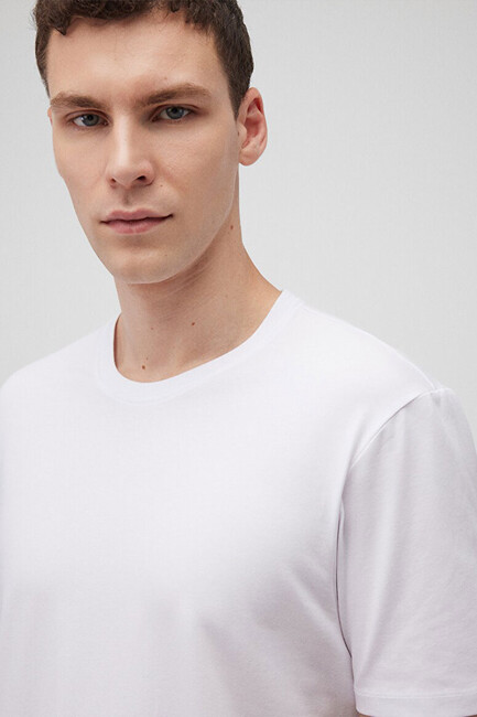 Erkek Basic Bisiklet Yaka Tişört 0610252-620 Beyaz - Thumbnail