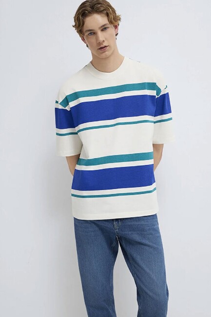 Erkek Blok Çizgili Tişört 0613331-70057 Ekru (1)
