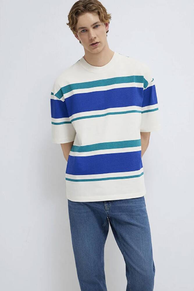 Erkek Blok Çizgili Tişört 0613331-70057 Ekru 