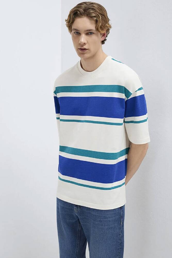 Erkek Blok Çizgili Tişört 0613331-70057 Ekru 