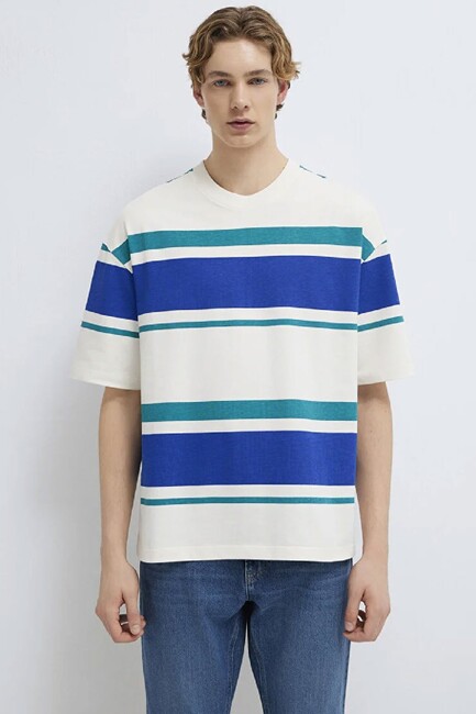 Erkek Blok Çizgili Tişört 0613331-70057 Ekru (3)