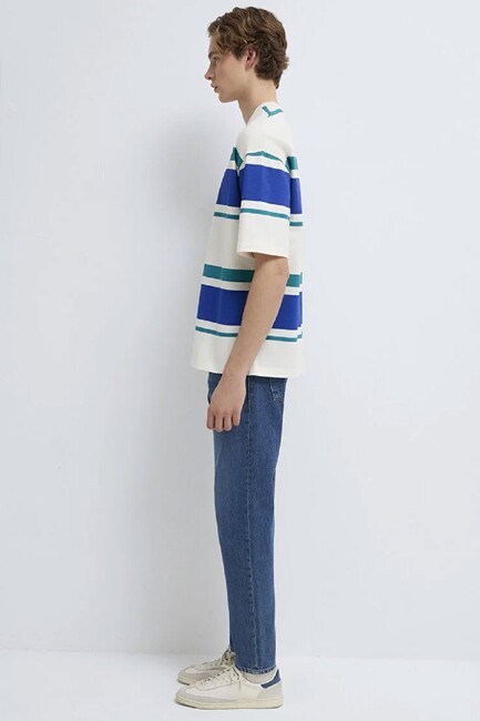 Erkek Blok Çizgili Tişört 0613331-70057 Ekru - Thumbnail