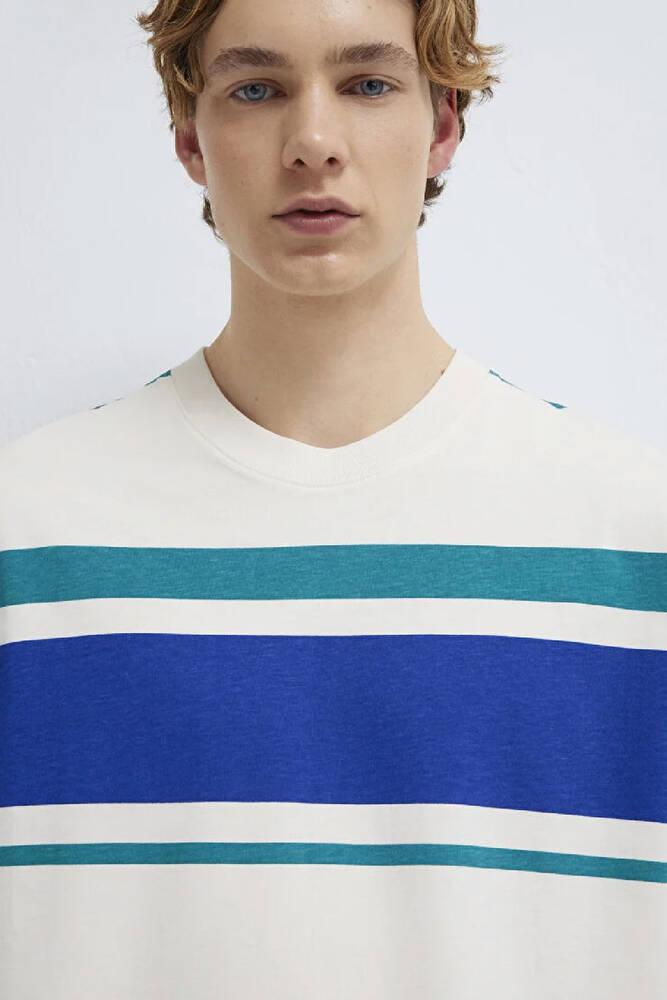 Erkek Blok Çizgili Tişört 0613331-70057 Ekru 