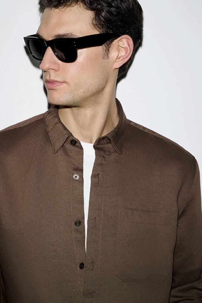 Erkek Çizgili Cepli Gömlek 0211877-91414 Kahve 