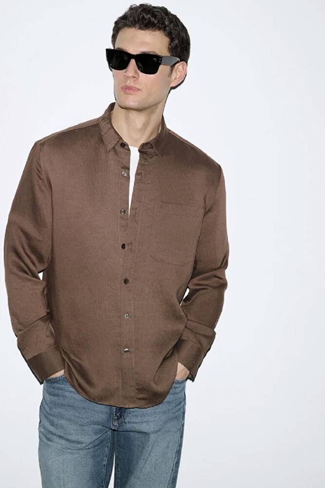 Erkek Çizgili Cepli Gömlek 0211877-91414 Kahve 
