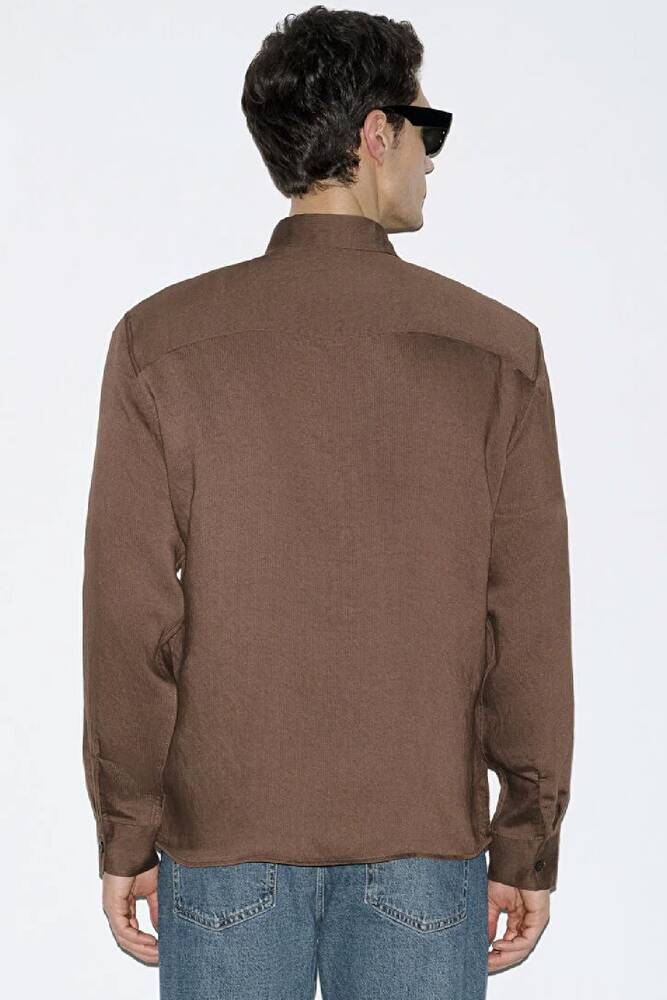 Erkek Çizgili Cepli Gömlek 0211877-91414 Kahve 