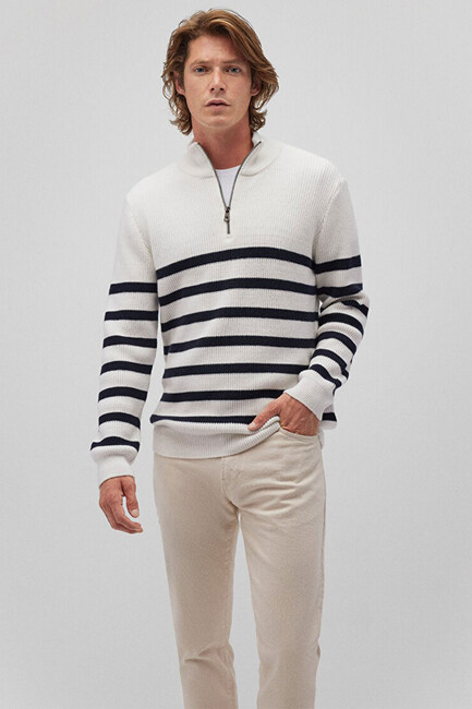 Erkek Çizgili Fermuarlı Kazak 0710131-70057 Beyaz (1)