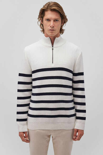 Erkek Çizgili Fermuarlı Kazak 0710131-70057 Beyaz (3)