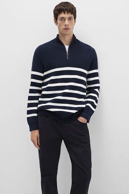 Erkek Çizgili Fermuarlı Kazak 0710131-70490 Lacivert (1)