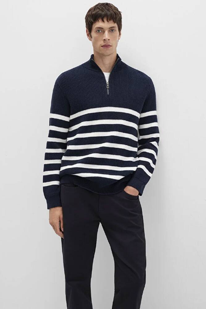 Erkek Çizgili Fermuarlı Kazak 0710131-70490 Lacivert 