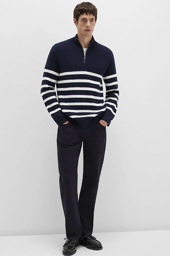 Erkek Çizgili Fermuarlı Kazak 0710131-70490 Lacivert 