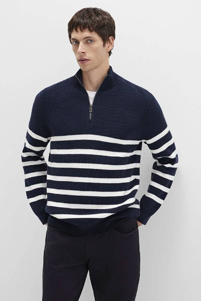 Erkek Çizgili Fermuarlı Kazak 0710131-70490 Lacivert 