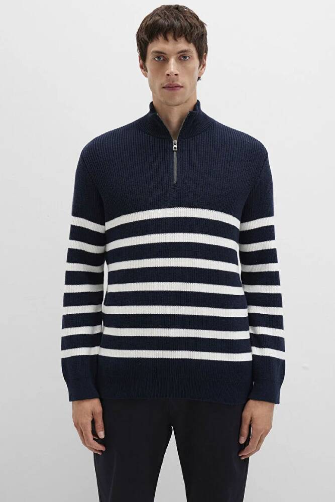 Erkek Çizgili Fermuarlı Kazak 0710131-70490 Lacivert 