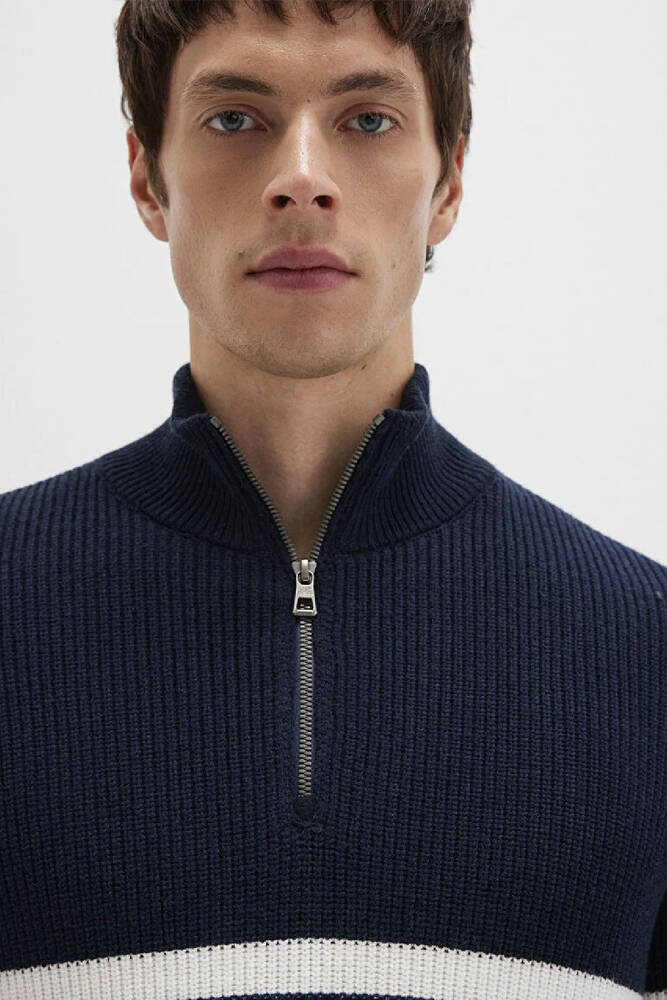 Erkek Çizgili Fermuarlı Kazak 0710131-70490 Lacivert 