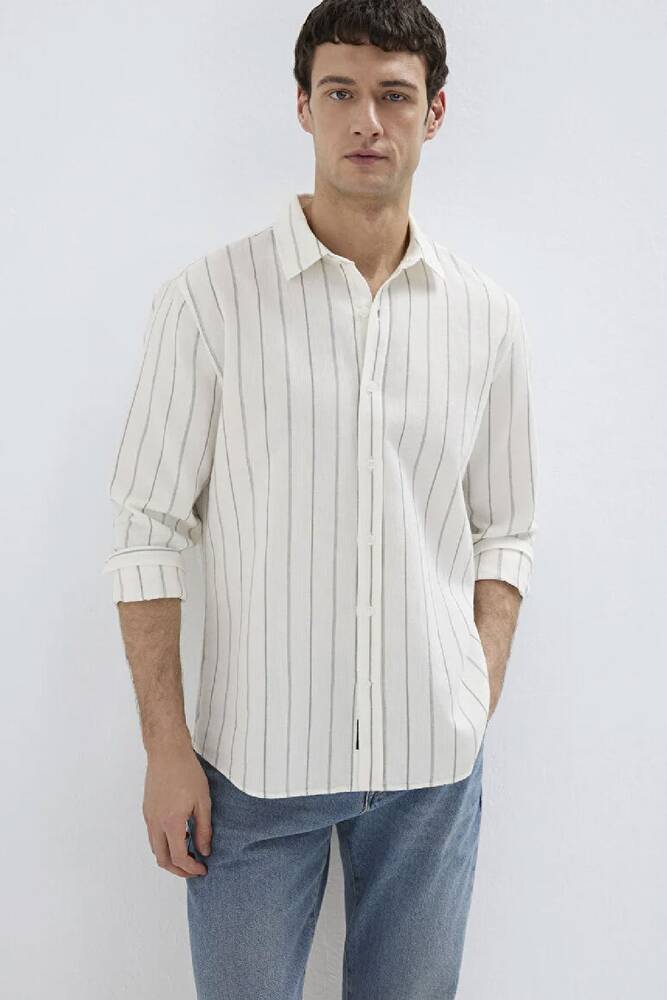 Erkek Çizgili Gömlek 0211384-80692 Ekru 