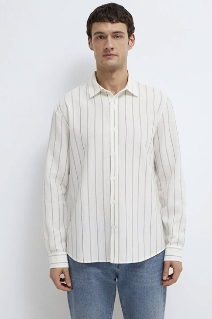 Erkek Çizgili Gömlek 0211384-80692 Ekru - Thumbnail