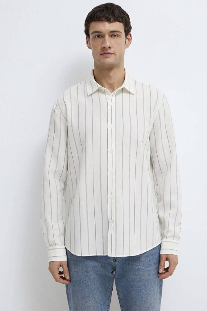 Erkek Çizgili Gömlek 0211384-80692 Ekru 