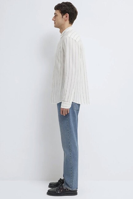 Erkek Çizgili Gömlek 0211384-80692 Ekru - Thumbnail