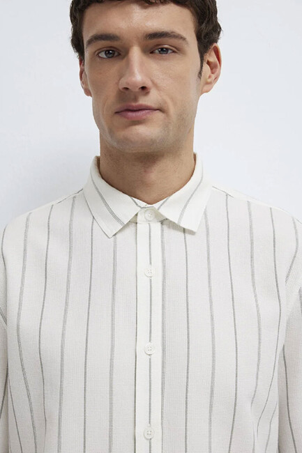 Erkek Çizgili Gömlek 0211384-80692 Ekru - Thumbnail