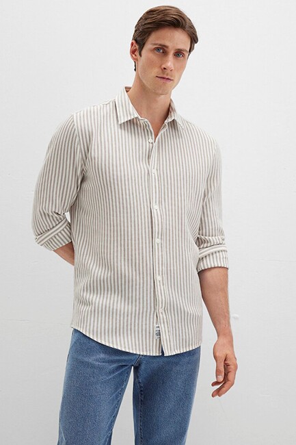 Erkek Çizgili Gömlek 0211692-90940 Bej (3)