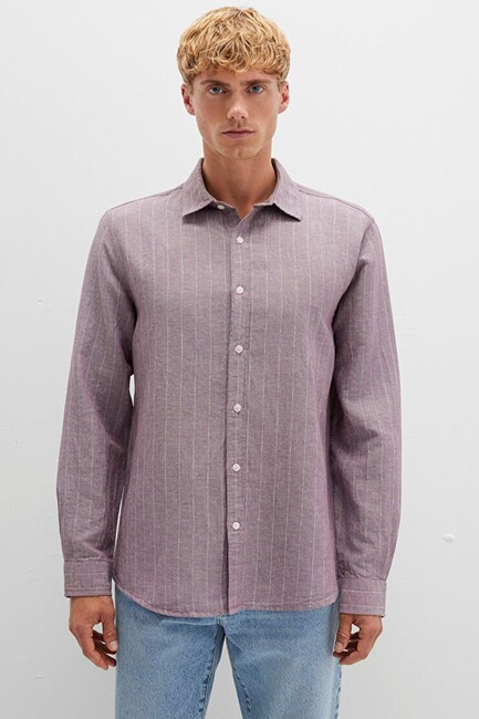 Erkek Çizgili Gömlek 0211704-90926 Bordo - Thumbnail