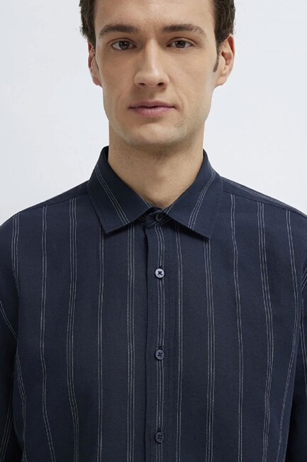 Erkek Çizgili Gömlek 0211979-91592 Lacivert - Thumbnail