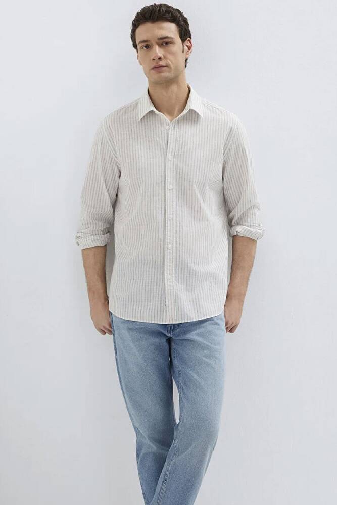 Erkek Çizgili Gömlek 0212004-91559 Ekru 