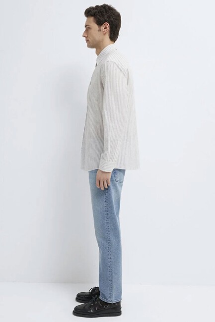 Erkek Çizgili Gömlek 0212004-91559 Ekru - Thumbnail