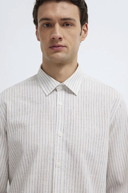 Erkek Çizgili Gömlek 0212004-91559 Ekru - Thumbnail