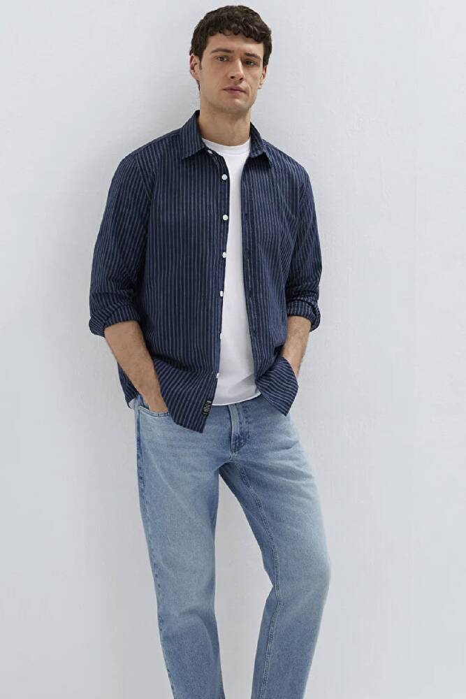 Erkek Çizgili Gömlek 0212004-91566 Lacivert 