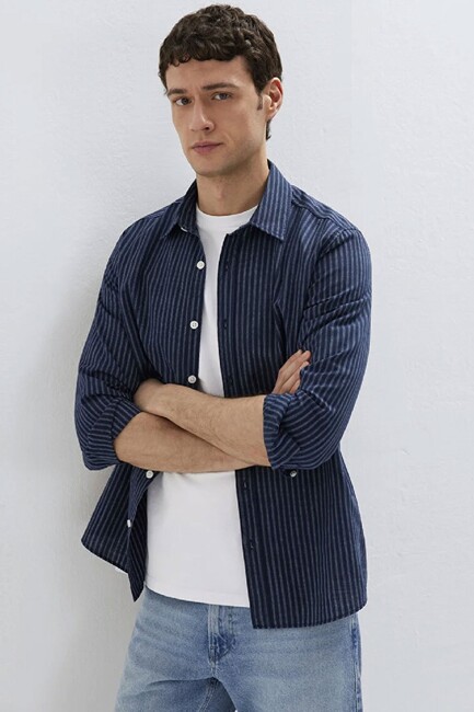 Erkek Çizgili Gömlek 0212004-91566 Lacivert (2)