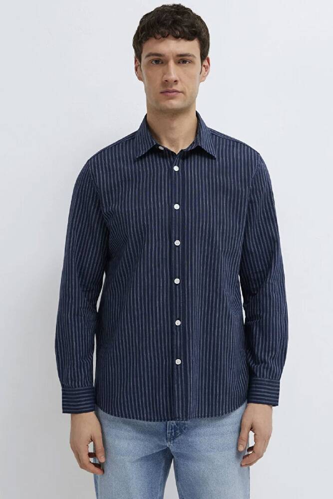 Erkek Çizgili Gömlek 0212004-91566 Lacivert 