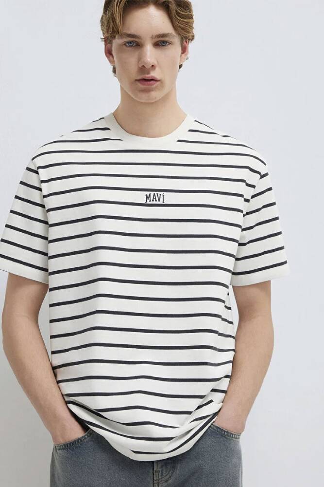 Erkek Çizgili Mavi Logo Tişört 0612420-86678 Beyaz 