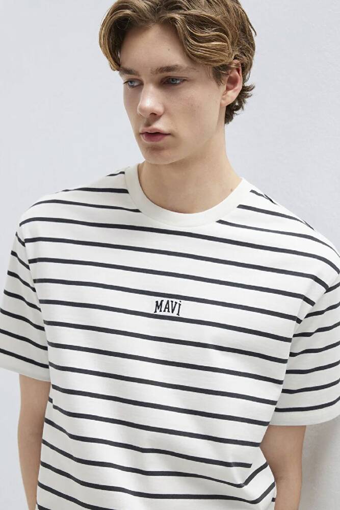 Erkek Çizgili Mavi Logo Tişört 0612420-86678 Beyaz 
