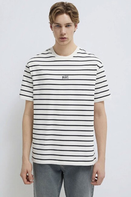 Erkek Çizgili Mavi Logo Tişört 0612420-86678 Beyaz (3)
