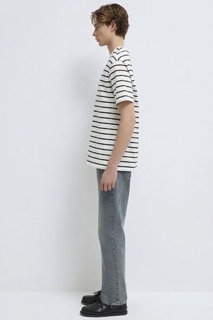 Erkek Çizgili Mavi Logo Tişört 0612420-86678 Beyaz - Thumbnail