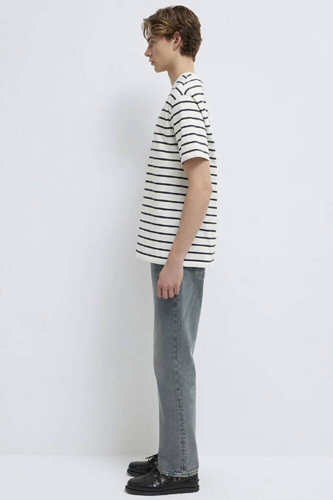 Erkek Çizgili Mavi Logo Tişört 0612420-86678 Beyaz 