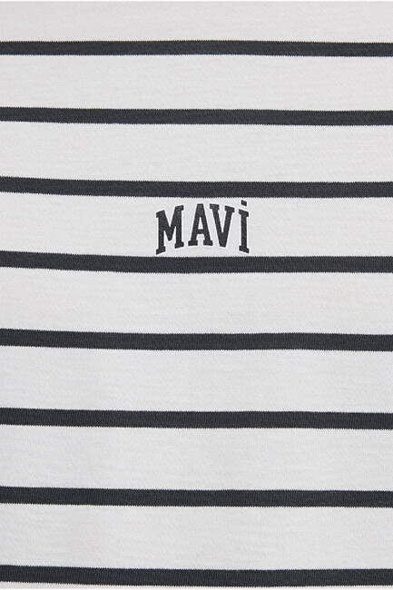 Erkek Çizgili Mavi Logo Tişört 0612420-86678 Beyaz - Thumbnail