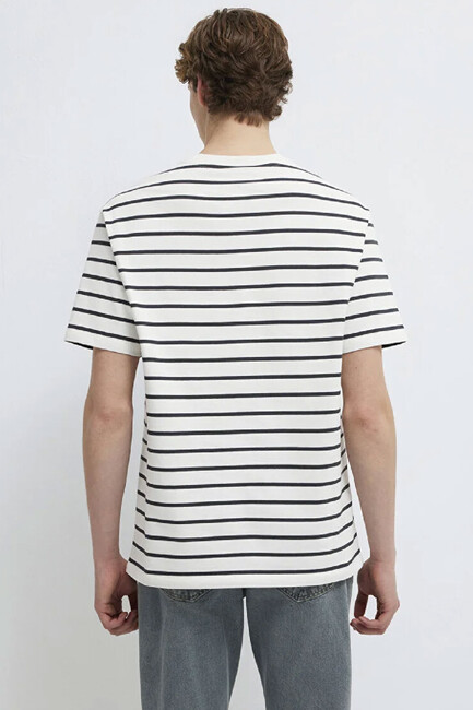 Erkek Çizgili Mavi Logo Tişört 0612420-86678 Beyaz - Thumbnail