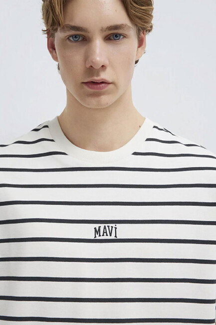 Erkek Çizgili Mavi Logo Tişört 0612420-86678 Beyaz - Thumbnail