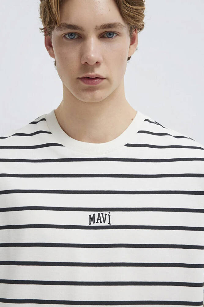 Erkek Çizgili Mavi Logo Tişört 0612420-86678 Beyaz 