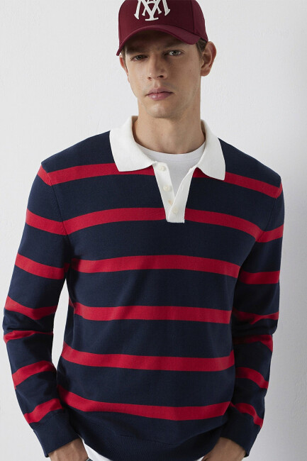 Erkek Çizgili Polo Kazak 0710440-90367 Lacivert (1)