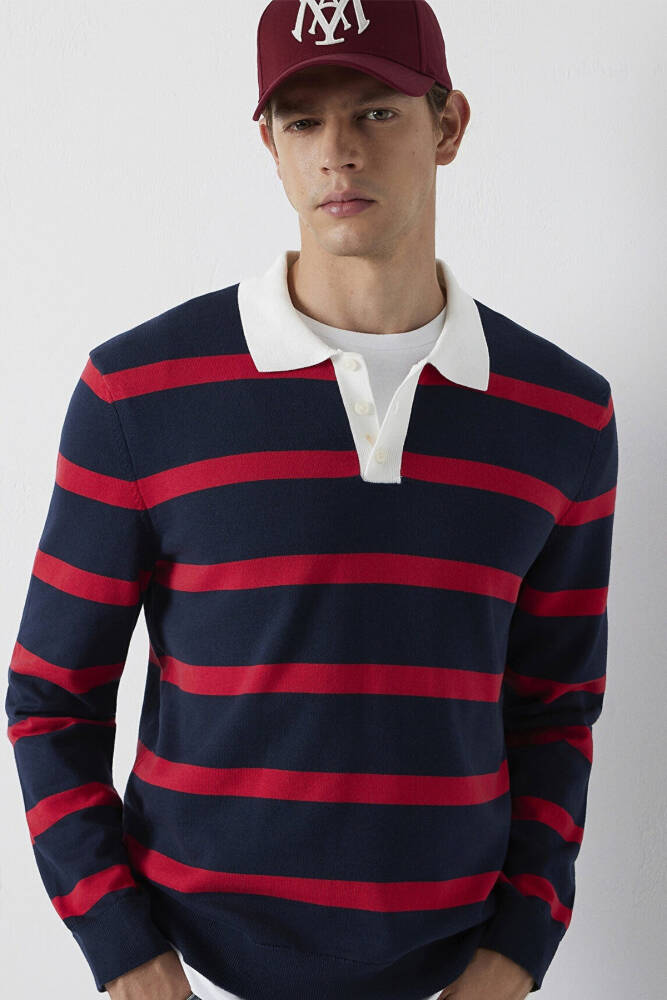 Erkek Çizgili Polo Kazak 0710440-90367 Lacivert - 2