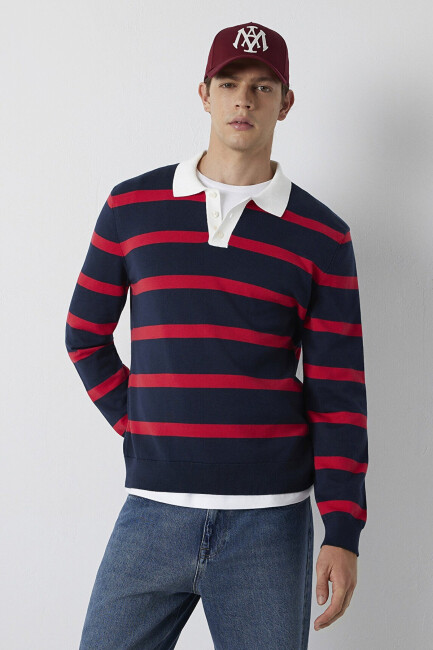Erkek Çizgili Polo Kazak 0710440-90367 Lacivert (2)