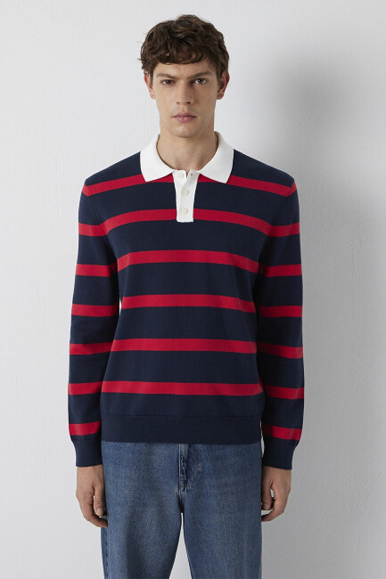 Erkek Çizgili Polo Kazak 0710440-90367 Lacivert - 4
