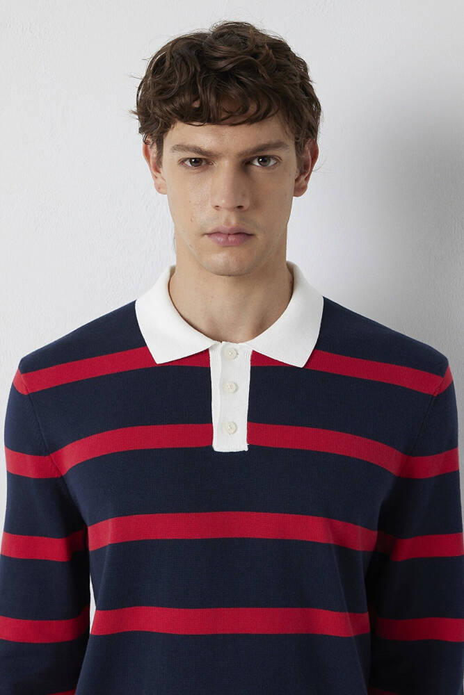 Erkek Çizgili Polo Kazak 0710440-90367 Lacivert - 7