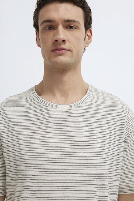 Erkek Çizgili Tişört 0613294-86623 Ekru - Thumbnail