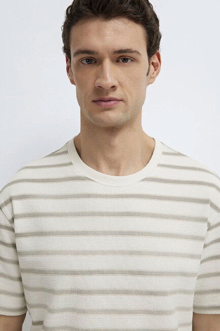 Erkek Çizgili Tişört 0613343-70352 Ekru - Thumbnail