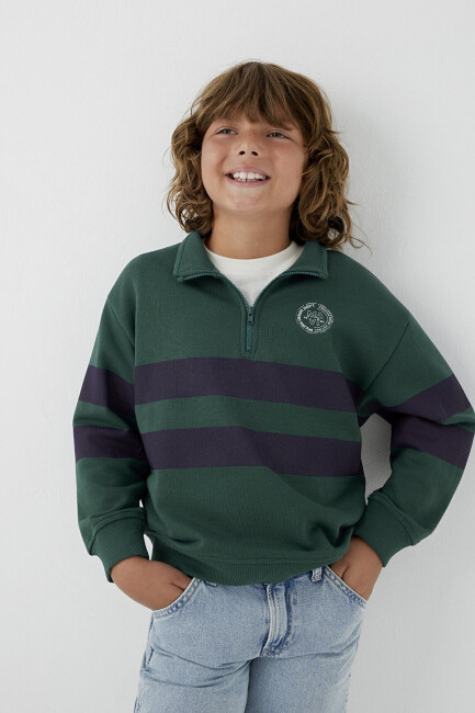 Erkek Çocuk Çizgili Logo Sweat 6S10197-71932 Yeşil 