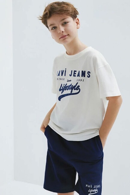 Erkek Çocuk Mavi Jeans Baskılı Tişört 6610474-70057 Ekru (1)